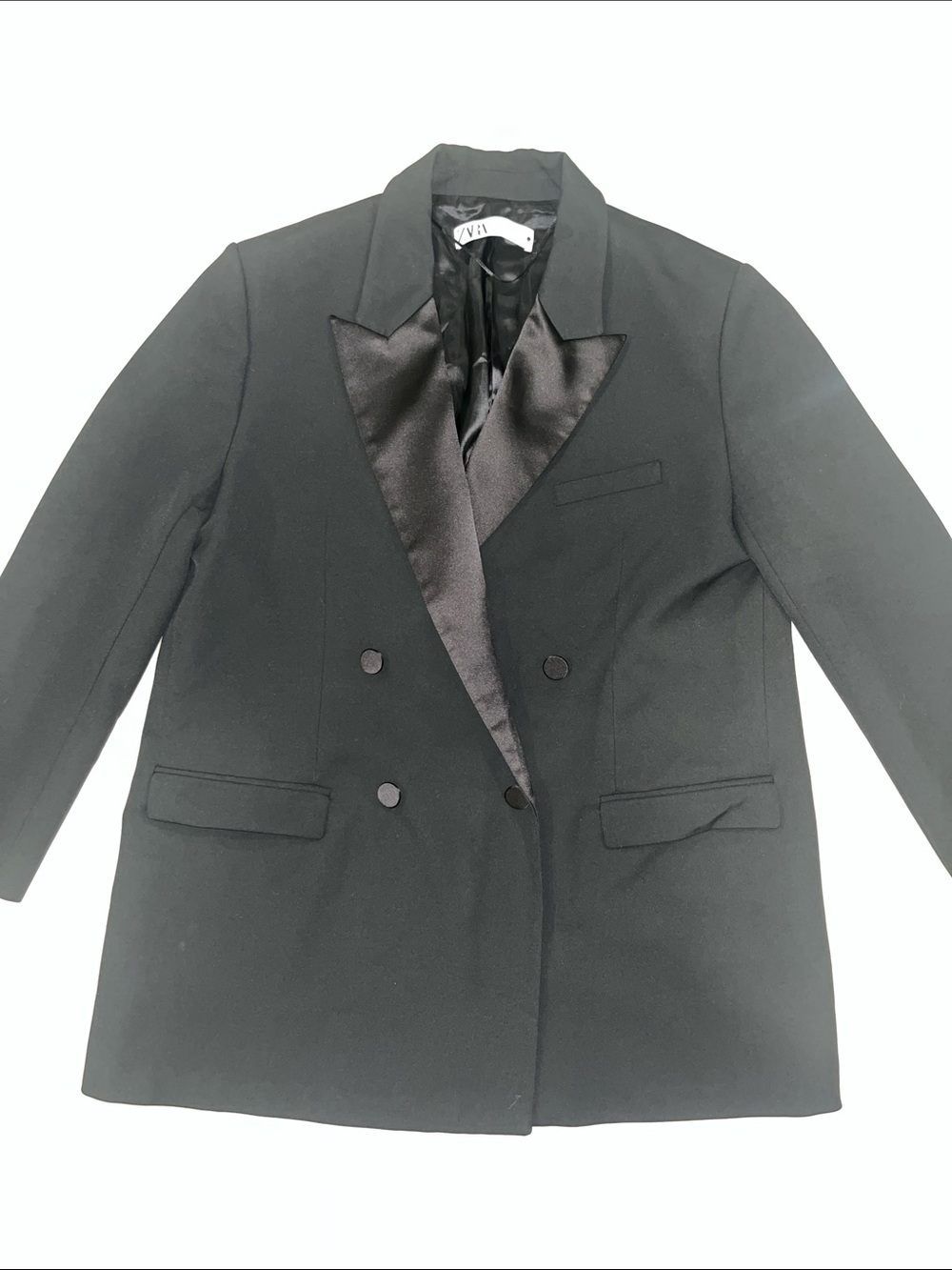 ZARA Black Double-Breasted Pea Coat with Satin Lapels